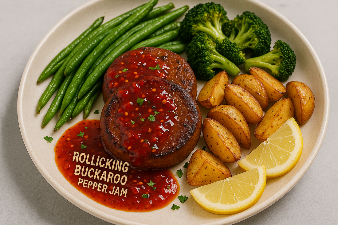 Rollicking Buckaroo Pepper Jam Glazed Vegan Meat Medallions