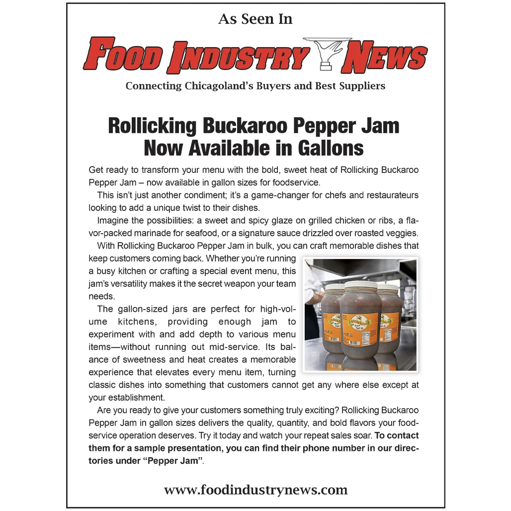 Food Industry News of Rollicking Buckaroo gallon bottles of Medium Pepper Jam
