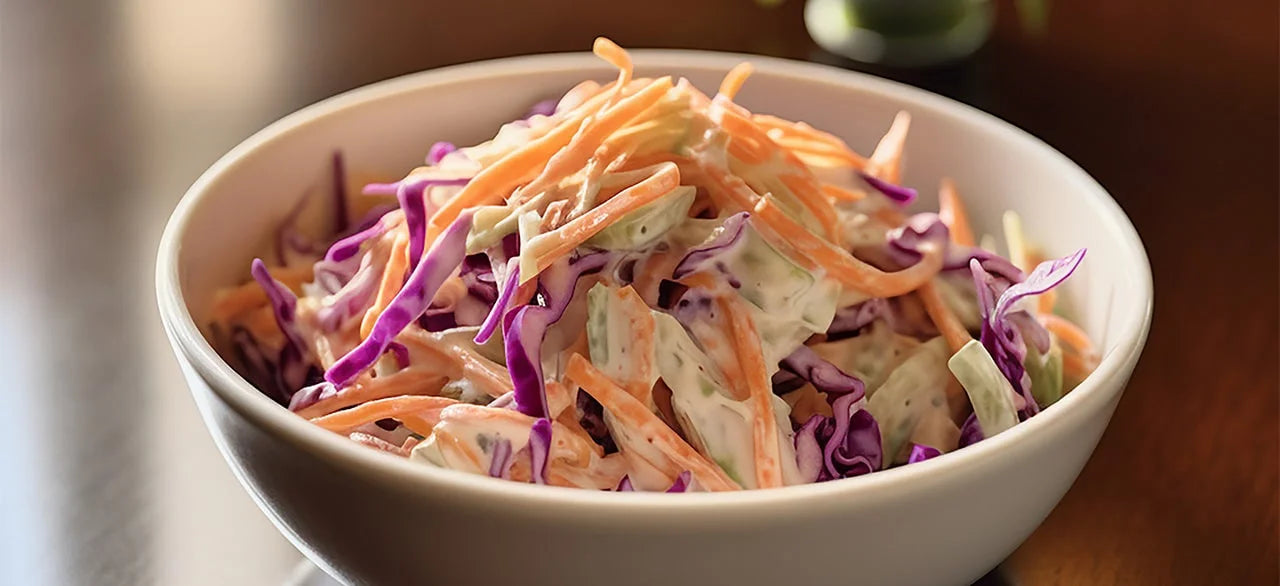 bowl of coleslaw on a kitchen counter top