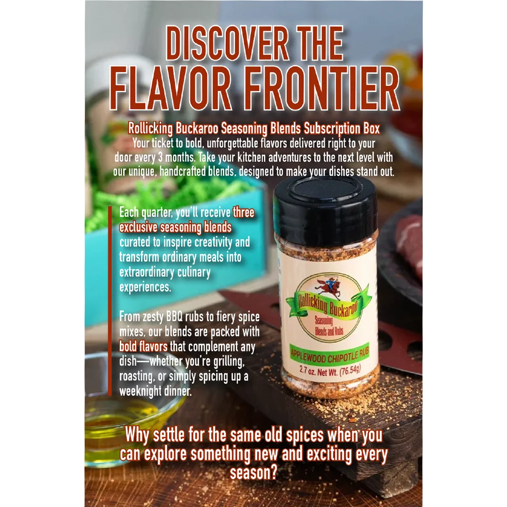Rollicking Buckaroo Applewood Chipotle Rub on a promotional flyer
