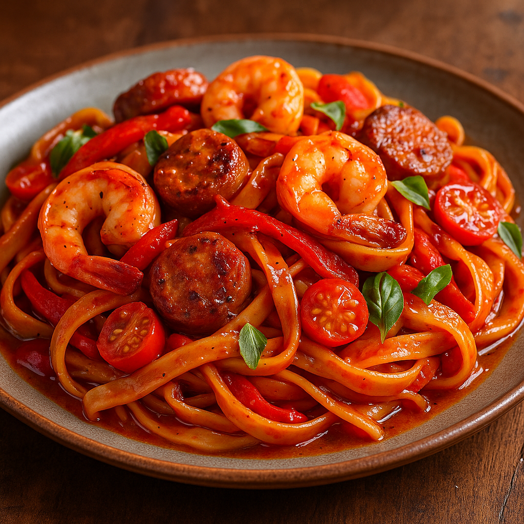Sweet & Smoky Pepper Jam Fettuccine with Shrimp and Sausage
