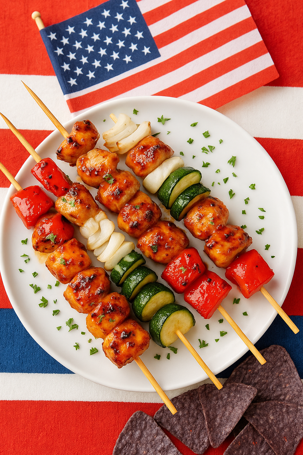 USA Red, White & BBQ Chicken Skewers  with Rollicking Buckaroo Pepper Jam Glaze