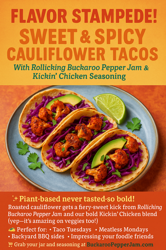 🌮Sweet & Spicy Cauliflower Tacos 🌶  Featuring Rollicking Buckaroo Pepper Jam & Kickin' Chicken Seasoning