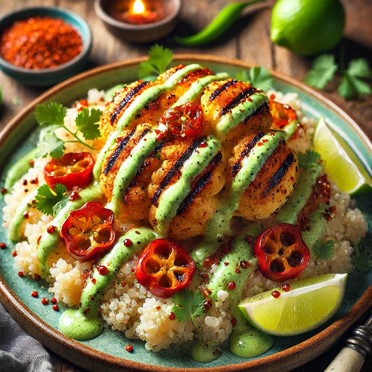 Sweet & Spicy Roasted Cauliflower Steaks with Quinoa & Avocado Lime Sauce