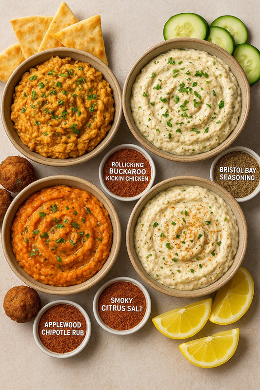 Four Mediterranean-inspired spreads and dips featuring your Rollicking Buckaroo seasonings: