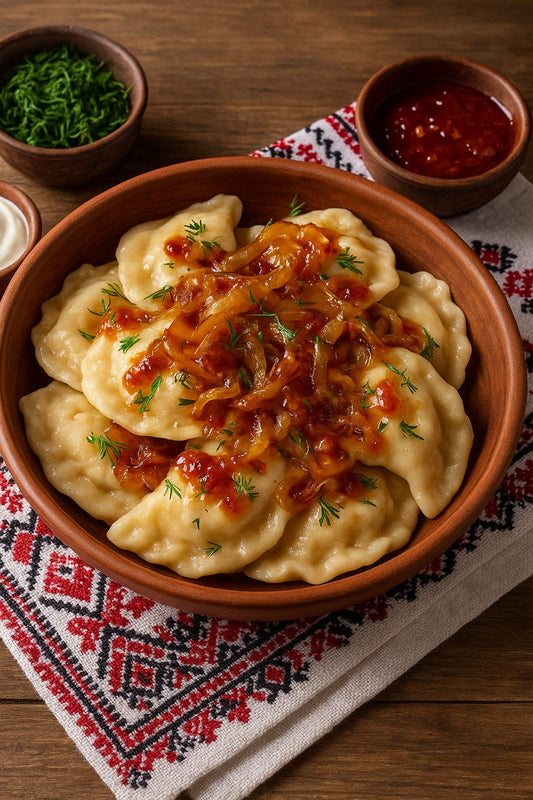 🍲 Ukrainian-Style Pepper Jam Varenyky (Pierogi) with Caramelized Onion &amp; Pepper Jam Drizzle