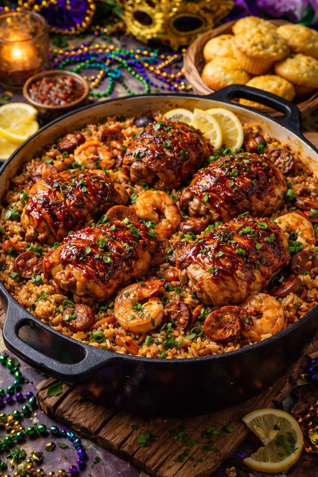 Fat Tuesday Pepper Jam–Glazed Cajun Chicken & Sausage Jambalaya