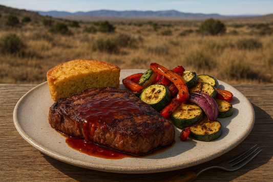 🥩 Cowboy Ribeye with Buckaroo Pepper Jam Glaze, Charred Vegetables & Herbed Cornbread