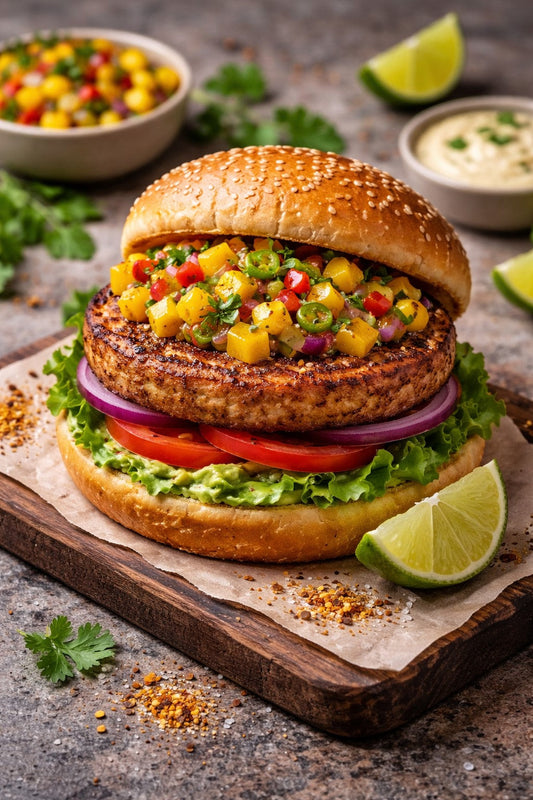 Smoky Citrus Quorn Burger with Mango-Lime Salsa (Vegan)