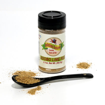 adobe lime rub seasoning blend bottle and spoon with seasoning on it 