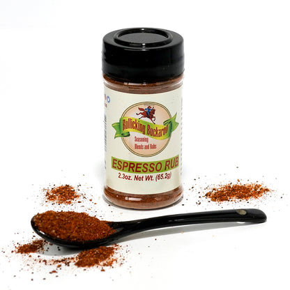 espresso rub seasoning blend bottle and spoon with seasoning on it