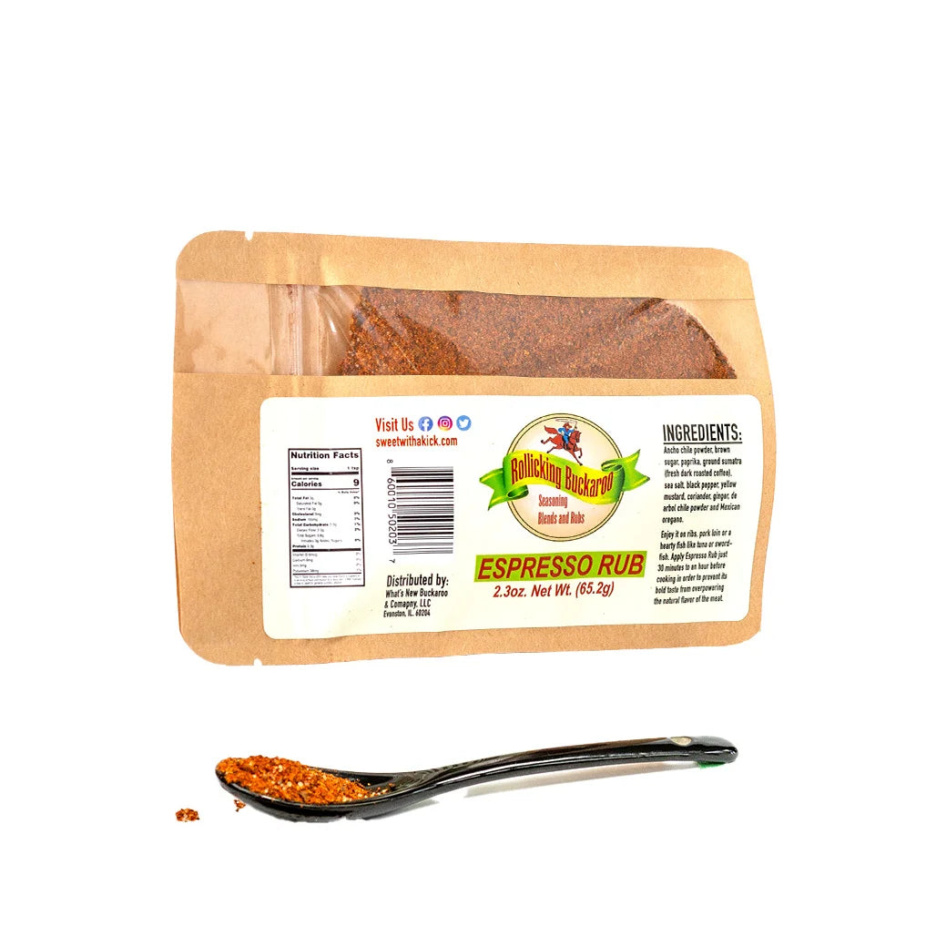 espresso rub seasoning blend pouch and spoon with seasoning on it