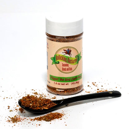 flippin the bird salt free seasoning blend bottle and spoon with seasoning on it