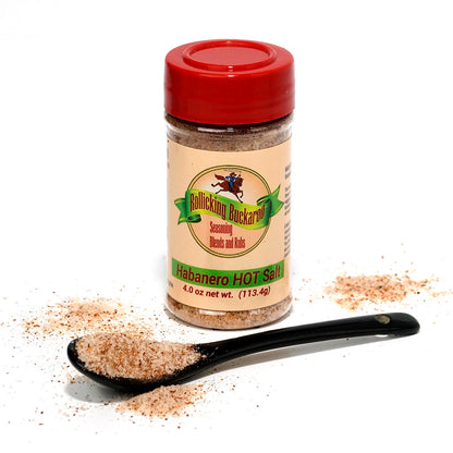 habanero hot-salt seasoning blend bottle and spoon with seasoning on it