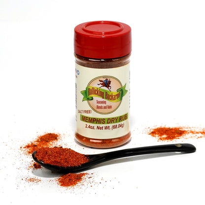 Memphis dry rub seasoning blend bottle and spoon with seasoning on it