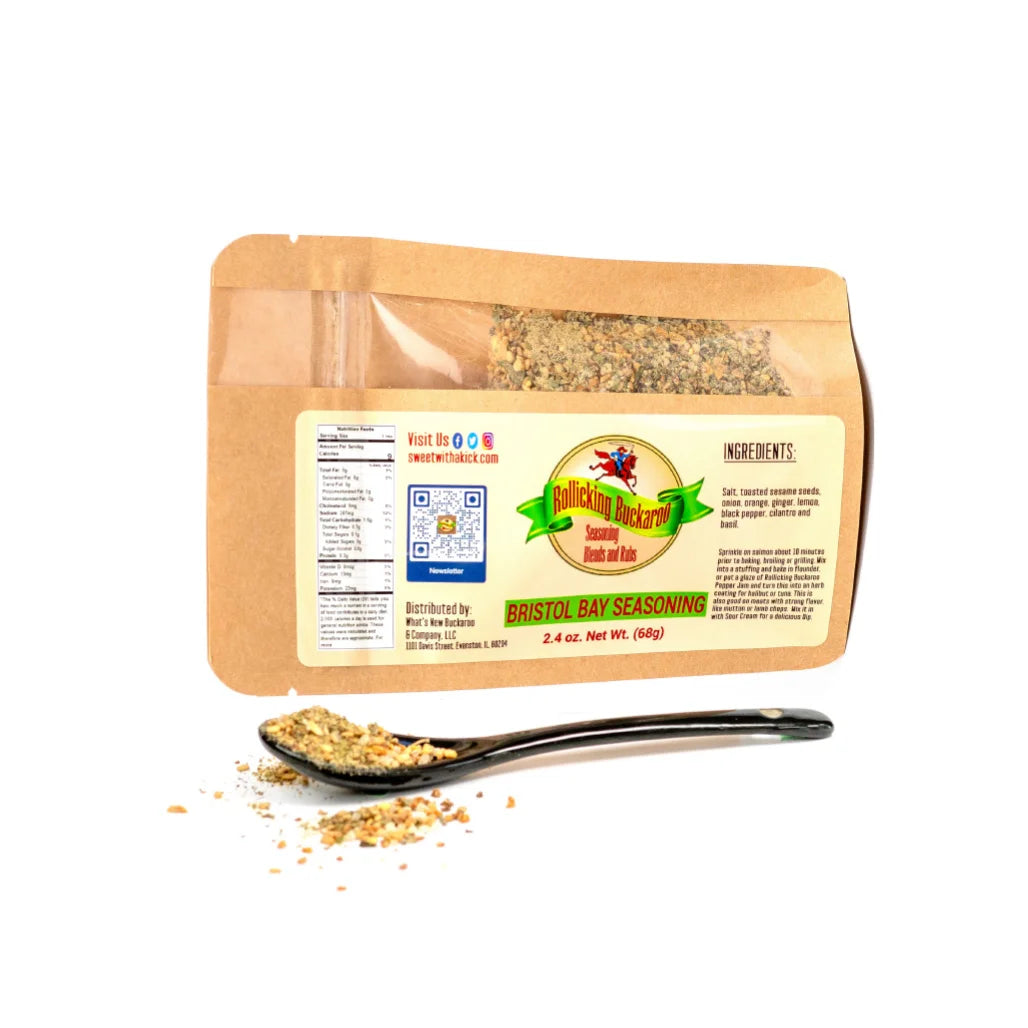 bristol bay seasoning blend pouch and spoon with seasoning on it