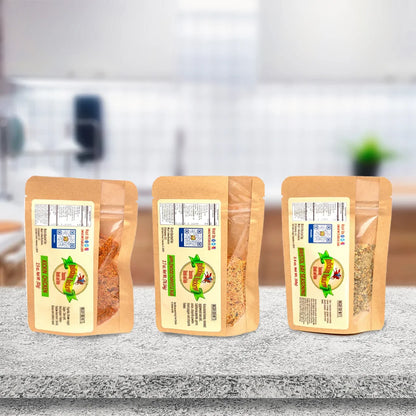 Applewood chipotle rub, bristol bay seasoning, and kicking chicken seasoning blends on a counter top