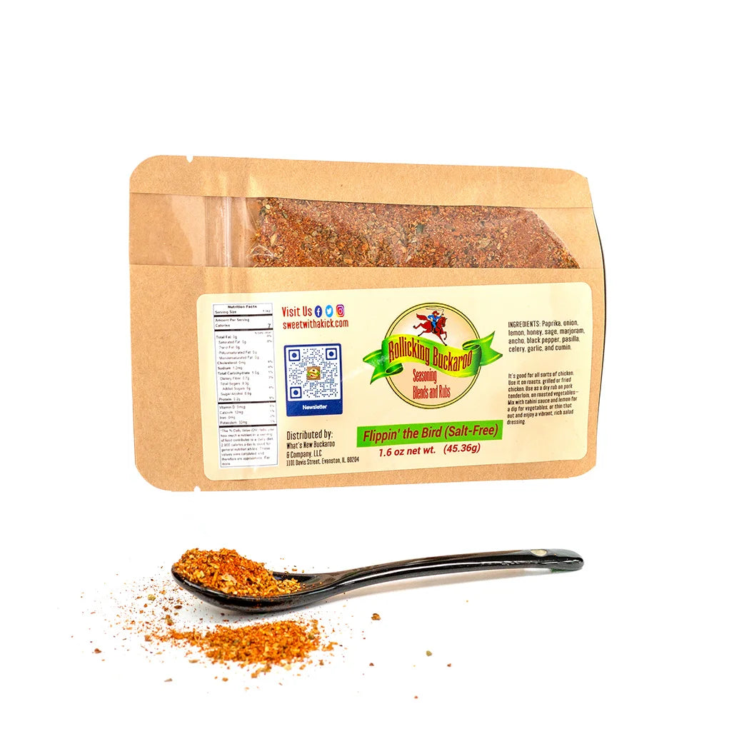 flippin the bird salt free seasoning blend pouch and spoon with seasoning on it