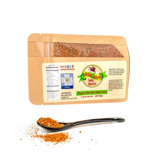 flippin the bird salt free seasoning blend pouch and spoon with seasoning on it