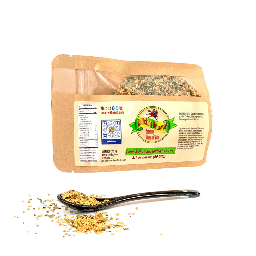 garlic and herb seasoning salt free seasoning blend pouch and spoon with seasoning on it