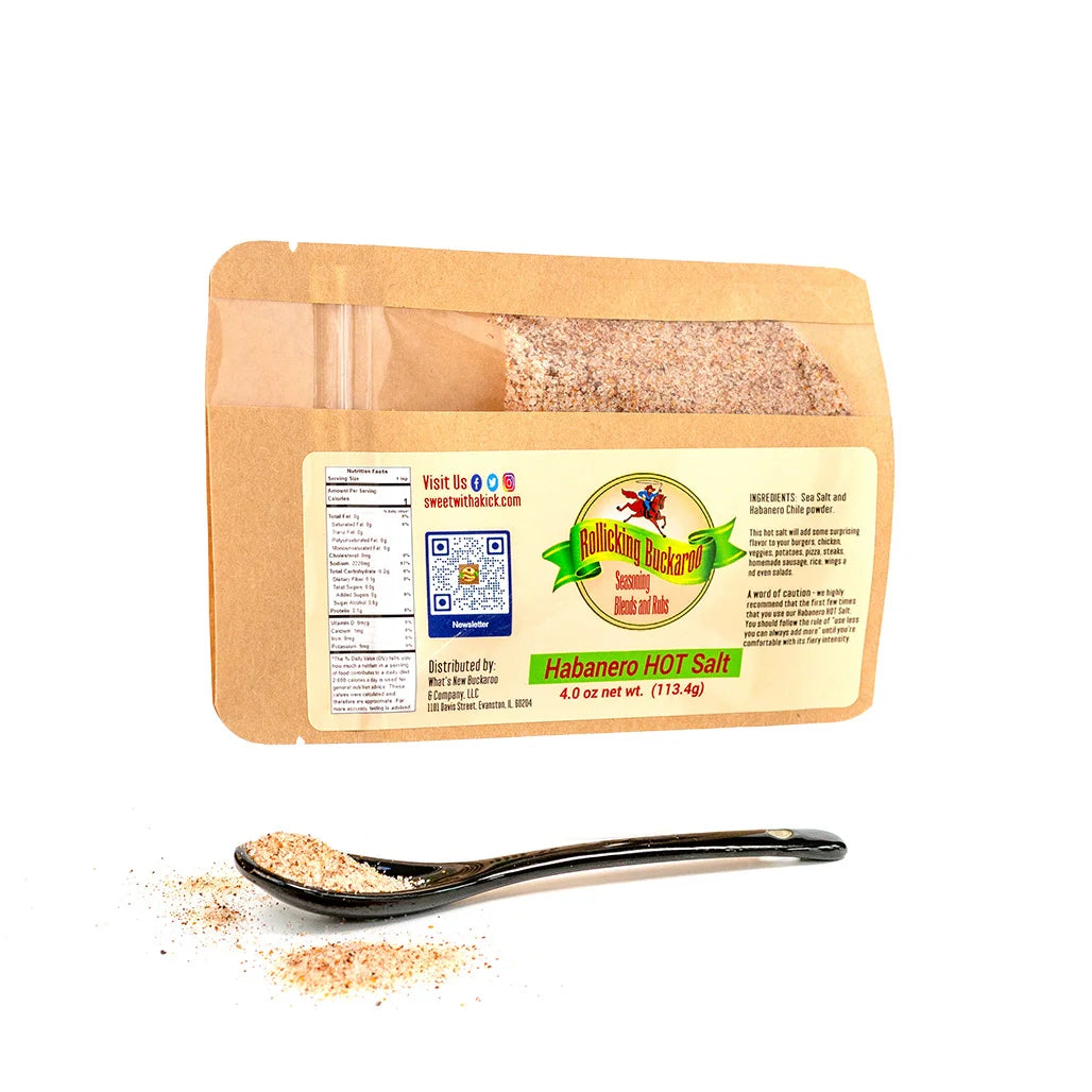 habanero hot salt seasoning blend pouch and spoon with seasoning on it