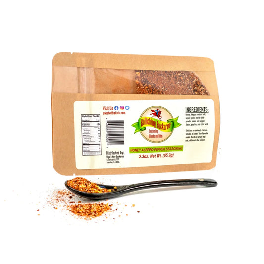 honey aleppo pepper seasoning blend pouch and spoon with seasoning on it