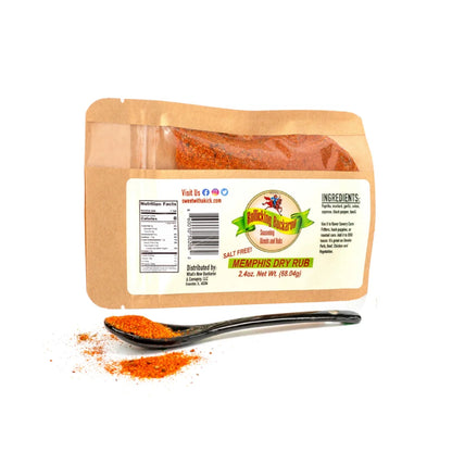 memphis dry rub seasoning blend pouch and spoon with seasoning on it