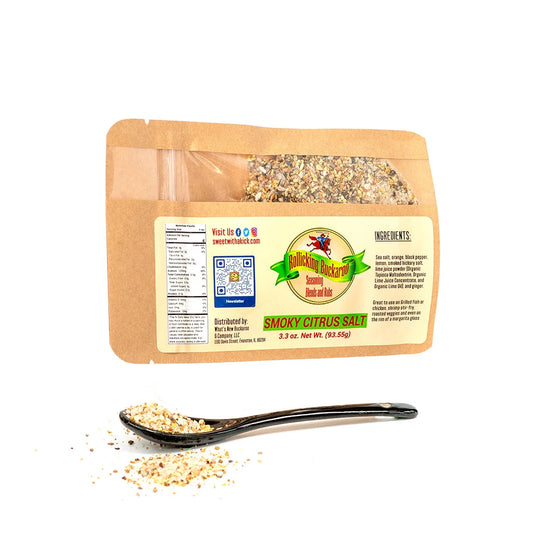 smoky citrus salt seasoning blend pouch and spoon with seasoning on it